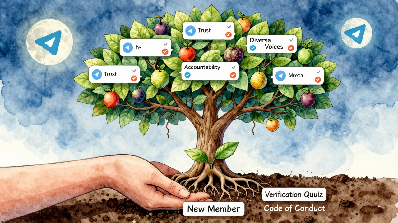 A tree with verified sources as roots and trust as fruit, under a Telegram-shaped moon.
