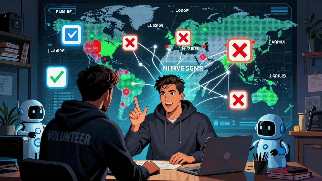 A volunteer journalist broadcasts verified news through Telegram, with digital icons showing fact-checking and misinformation.