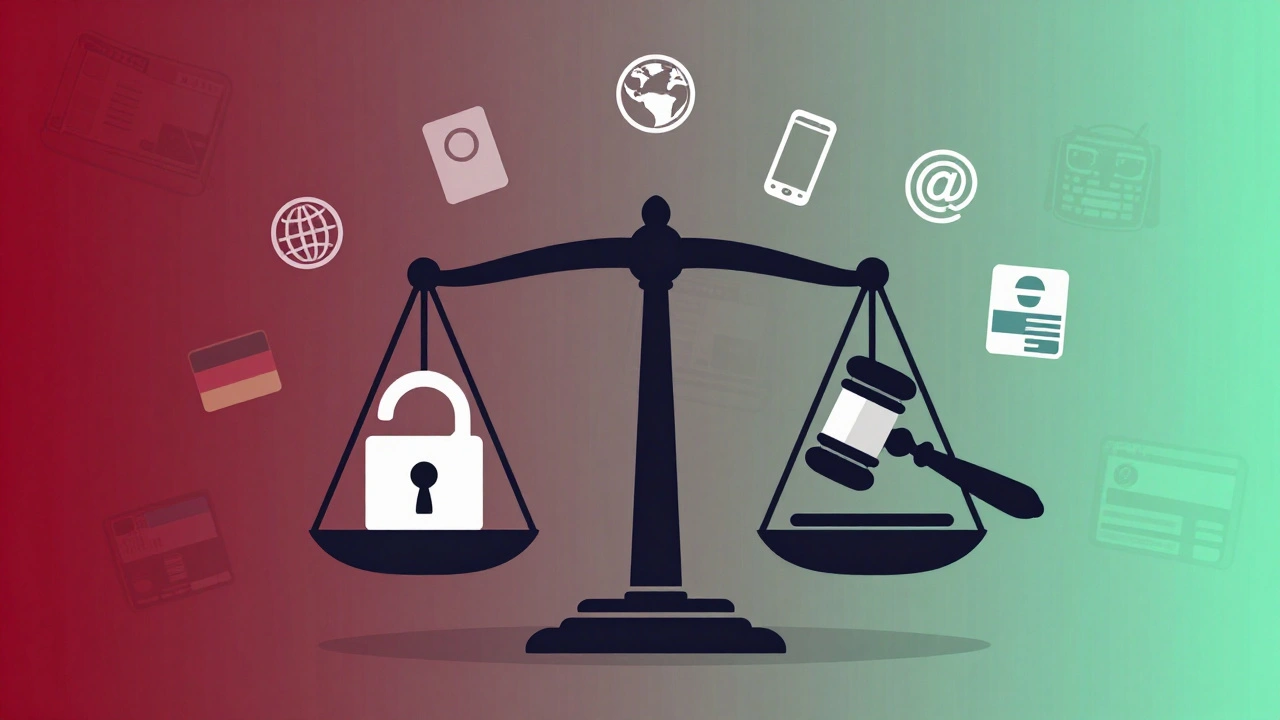Abstract scale balancing encryption key and gavel, with icons representing Telegram's selective compliance across countries.