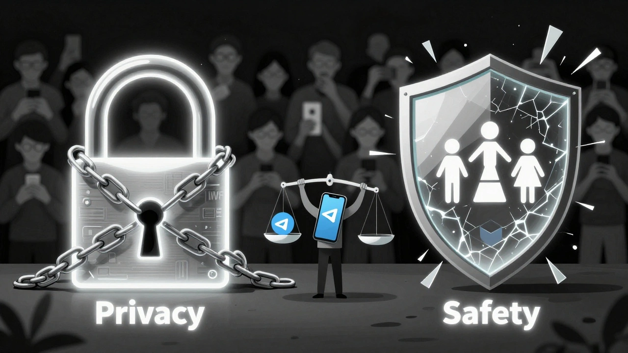 Abstract split image: encrypted privacy lock versus shattered safety shield, with a scale balancing Telegram's icon.