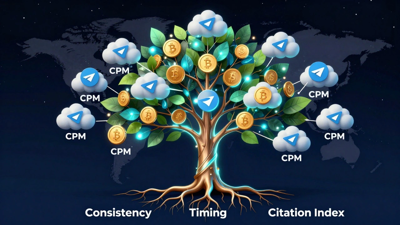 Abstract tree with roots in consistency and timing, branches representing news niches and tipping coins floating around.