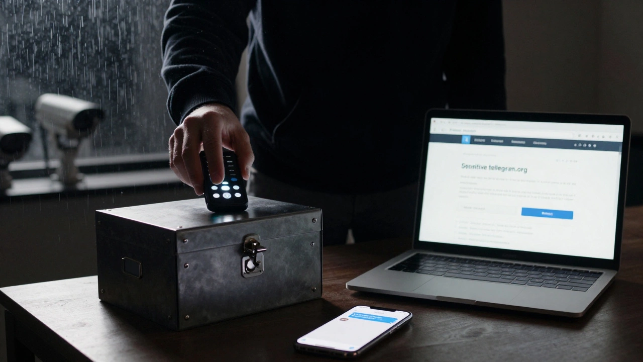 Activist storing a burner phone in a locked box while using Signal and accessing Telegram securely on a laptop.