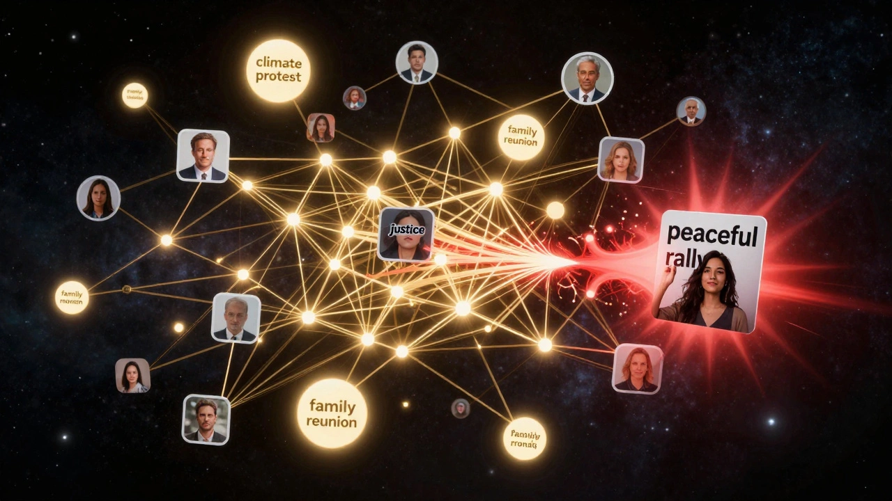 AI neural network connecting global stickers, with search terms glowing and one misleading sticker being removed.