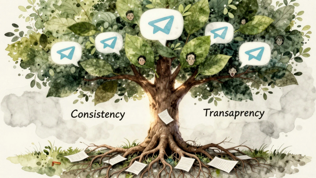 An abstract tree whose roots and branches are made of verified sources and trust principles, with message bubbles as leaves.