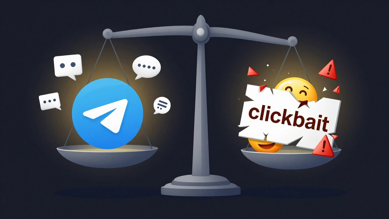 Balance scale weighing data-driven engagement against clickbait emojis and red warning signs.