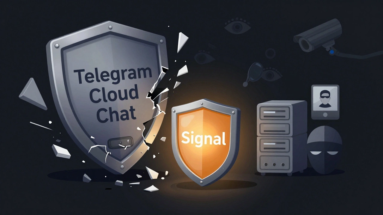 Broken Telegram shield vs glowing Signal shield, digital icons and surveillance eyes in background.