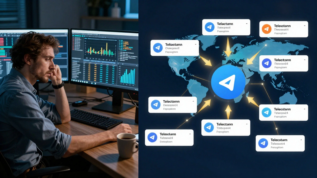 Channel operator analyzing analytics on monitors while a global network of Telegram channels reposts the same news story.