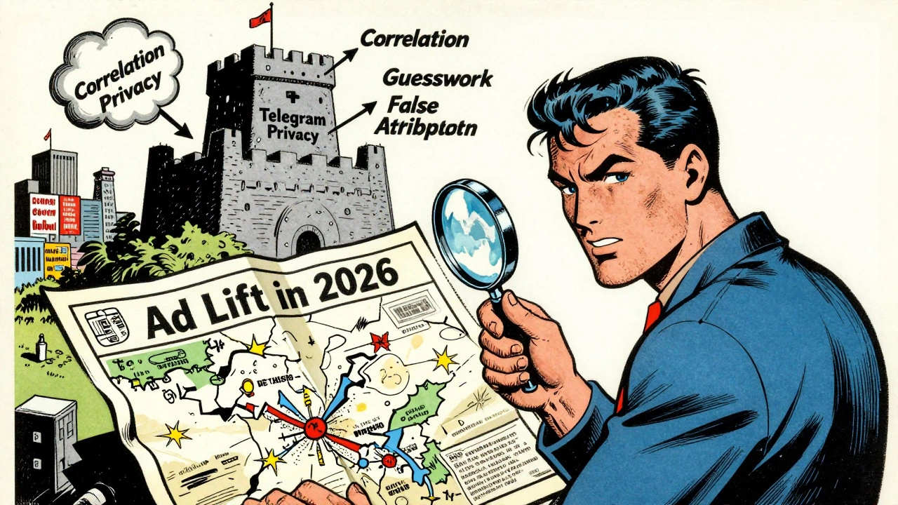 Comic book hero using magnifying glass on a crumbling map labeled 'Ad Lift in 2026' with smoke-like attribution clouds.