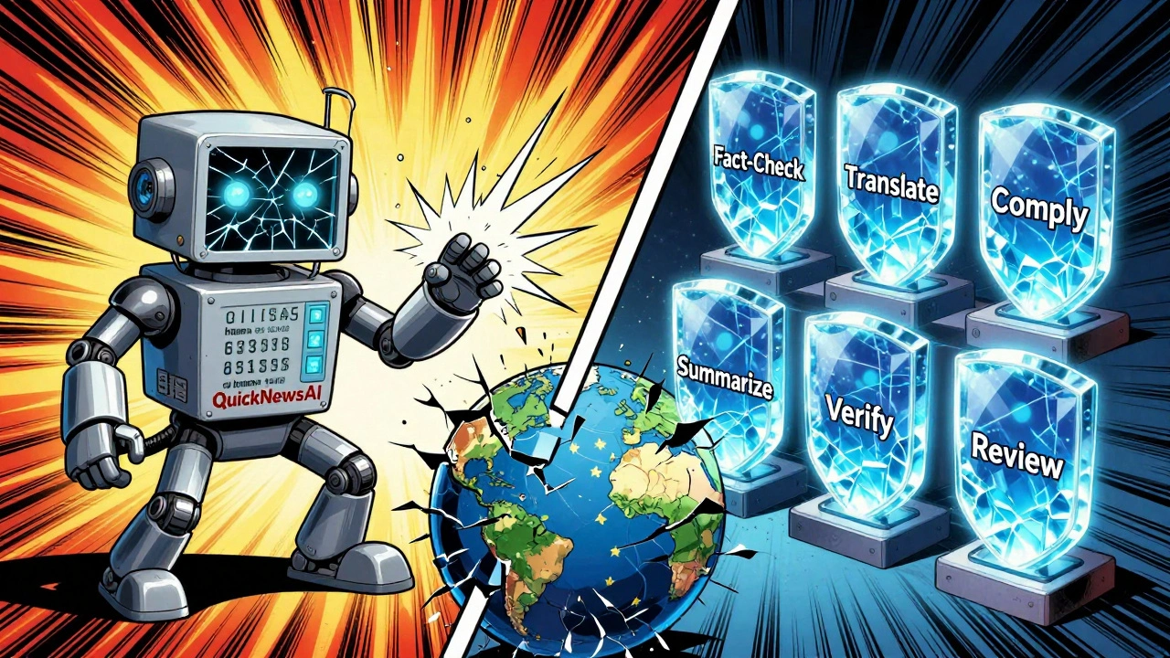 Comic book style battle between a failing AI bot and a multi-agent AI system protecting news integrity.