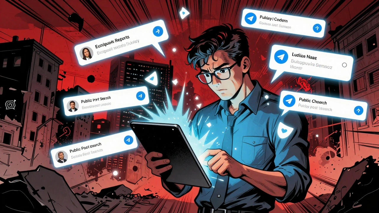 Comic book style scene of a journalist using Telegram's search to find real news, with fake channels crumbling as verified ones glow.