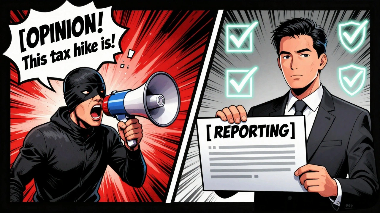 Comic book style split-screen: chaotic opinion post vs. calm labeled reporting post.