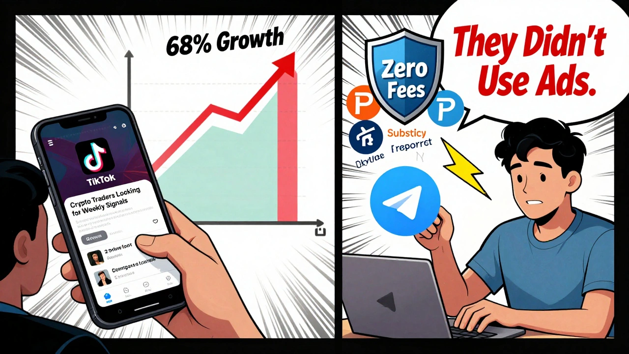Comic-style comparison of TikTok ad leading to instant Telegram membership with zero fees shield blocking other platforms.