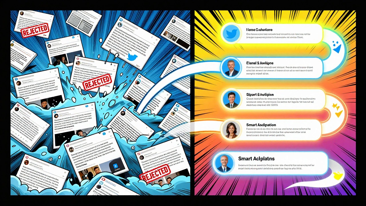 Comic-style contrast: chaotic auto-posting vs. smart, platform-adapted content distribution.