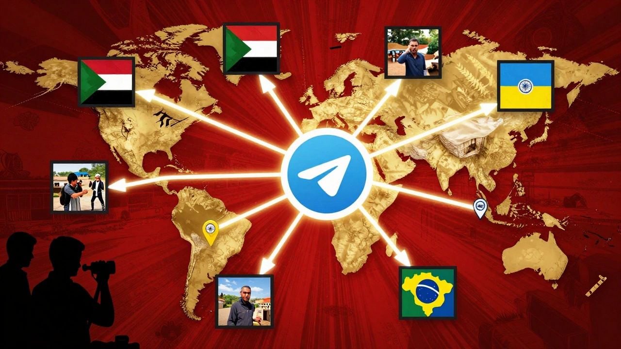 Comic-style global network of Telegram news flows connecting conflict zones to rural communities.