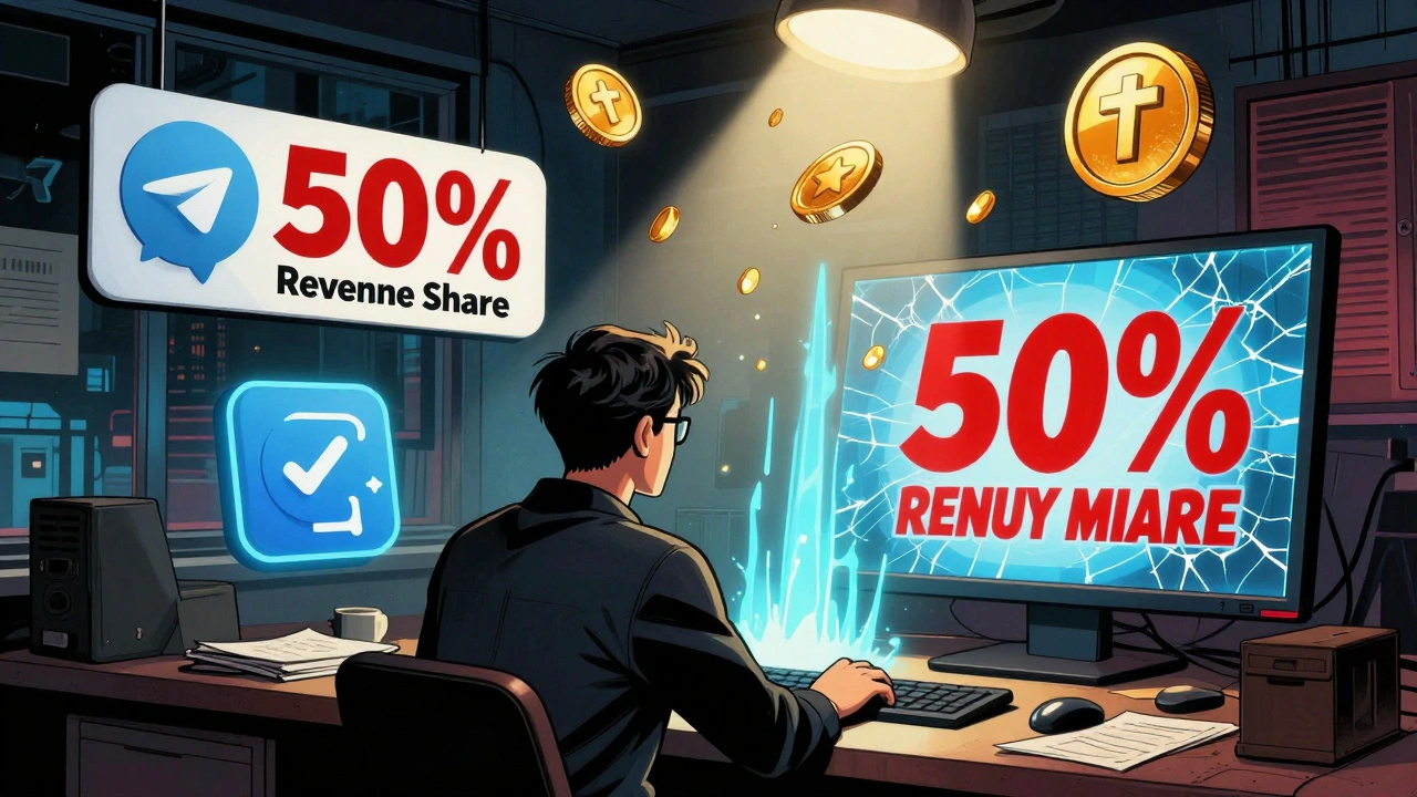 Comic-style publisher surrounded by Telegram monetization icons: ads, Stars, referrals, and TON tokens, dramatic lighting.