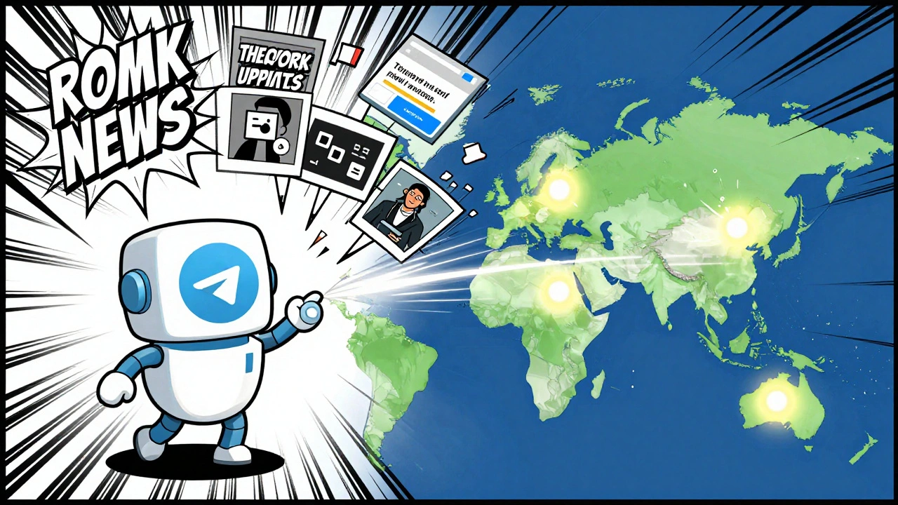 Comic-style robot bot sending news updates to a glowing global map in real time.