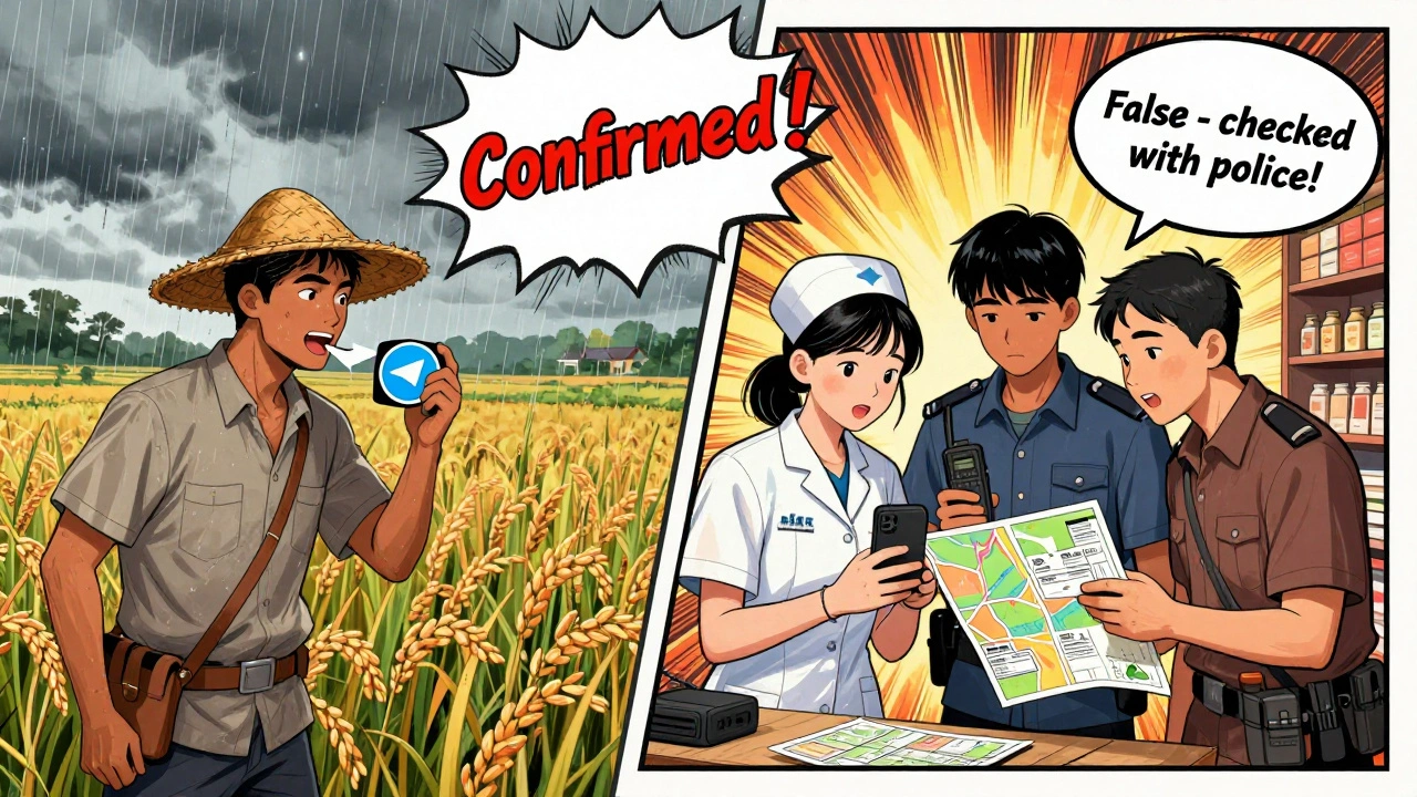 Comic-style scene of villagers sending alerts and moderators verifying them with police and maps during a monsoon.
