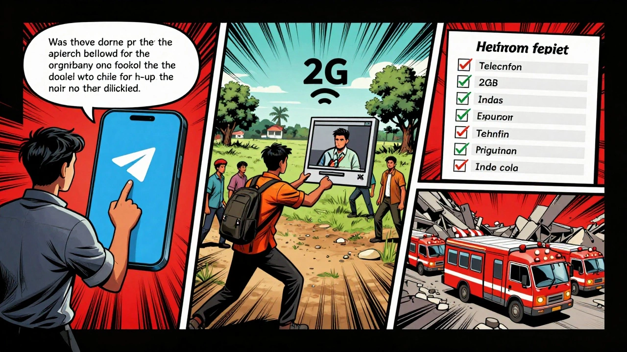 Comic-style sequence showing field team using Telegram bots, file sharing, and checklists during a crisis.