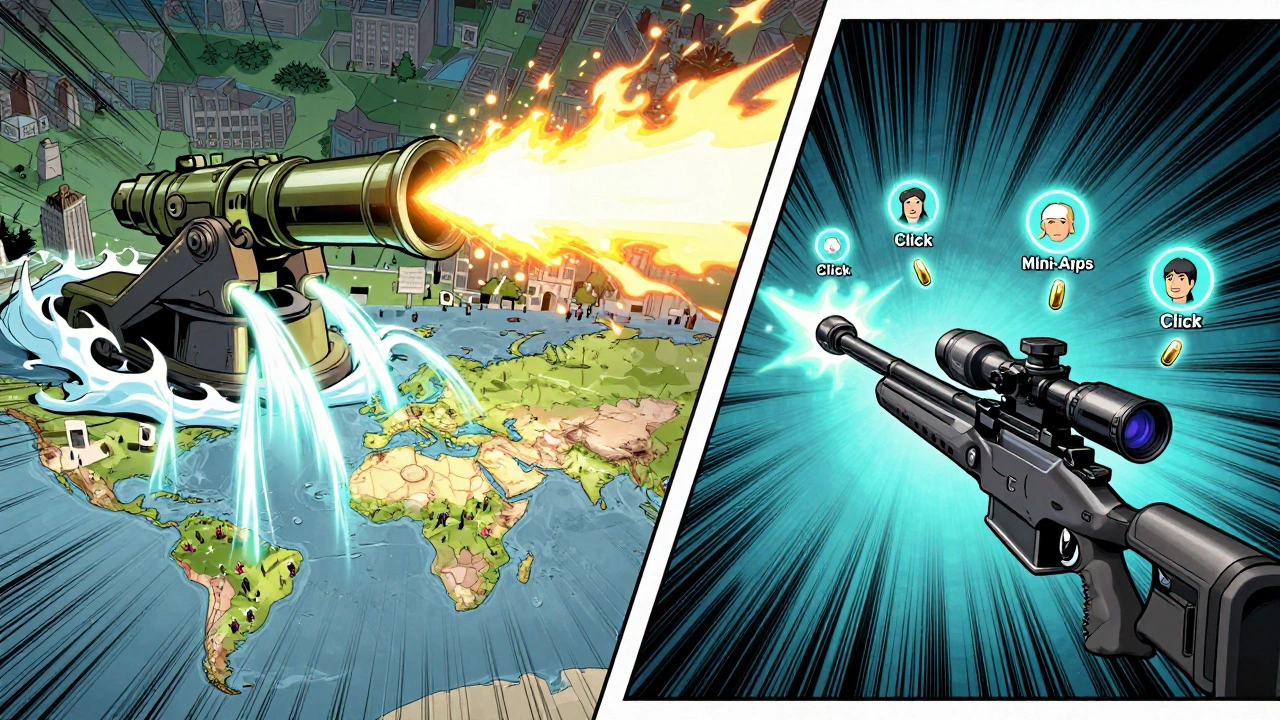 Comic-style split scene: CPM cannon firing impressions vs. CPC sniper hitting targeted clicks.