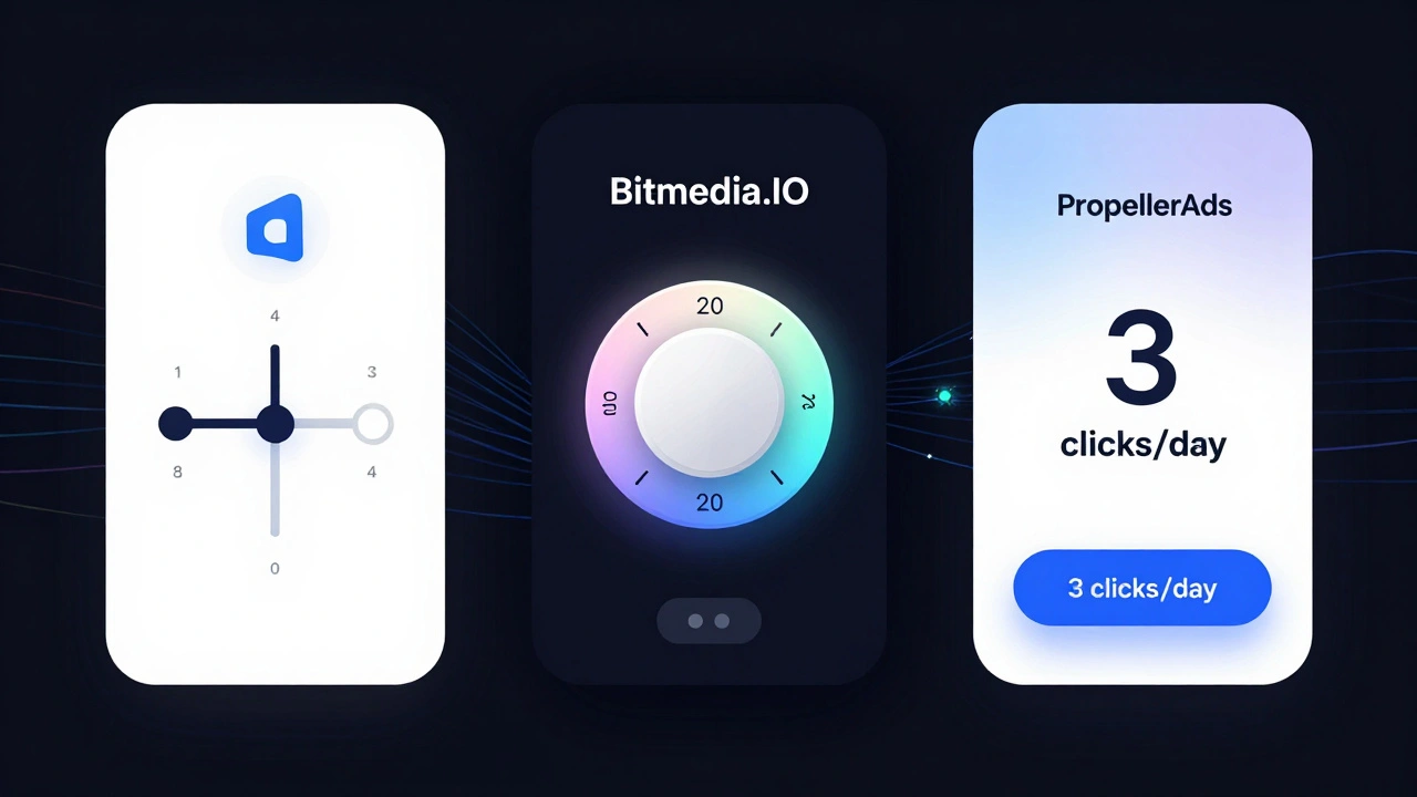 Comparison dashboard of Telegram, Bitmedia.IO, and PropellerAds ad platforms with frequency capping controls displayed.