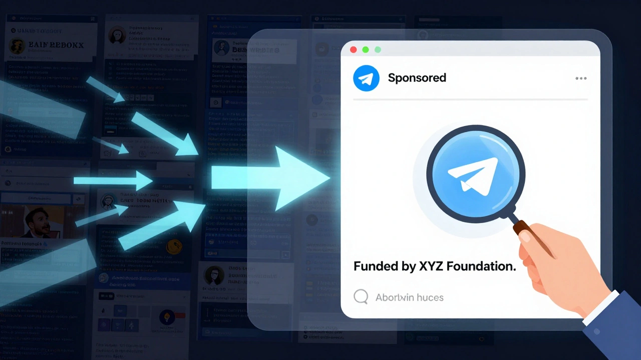 Contrast between algorithm-driven social media feed and clean Telegram news channel with sponsored disclosure.