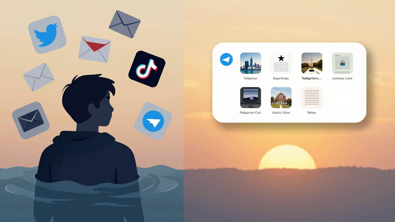 Contrast between chaotic news overload and a calm, curated Telegram digest under a sunset sky.