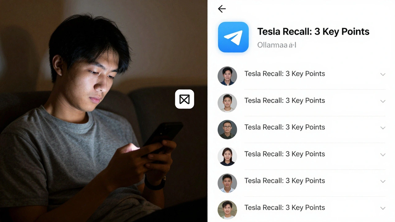 Contrast between exhausted person on phone and automated Telegram news channel with AI summaries.