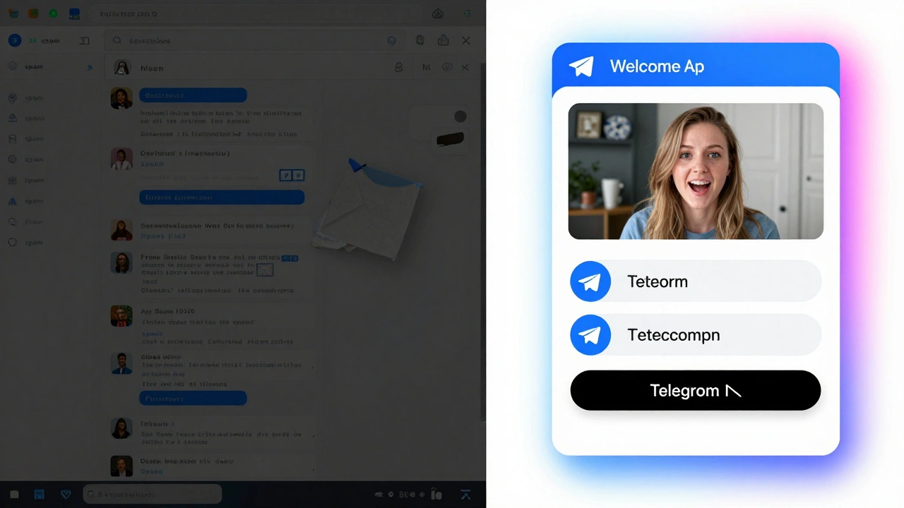 Contrast between ignored email inbox and active Telegram chat with instant engagement.