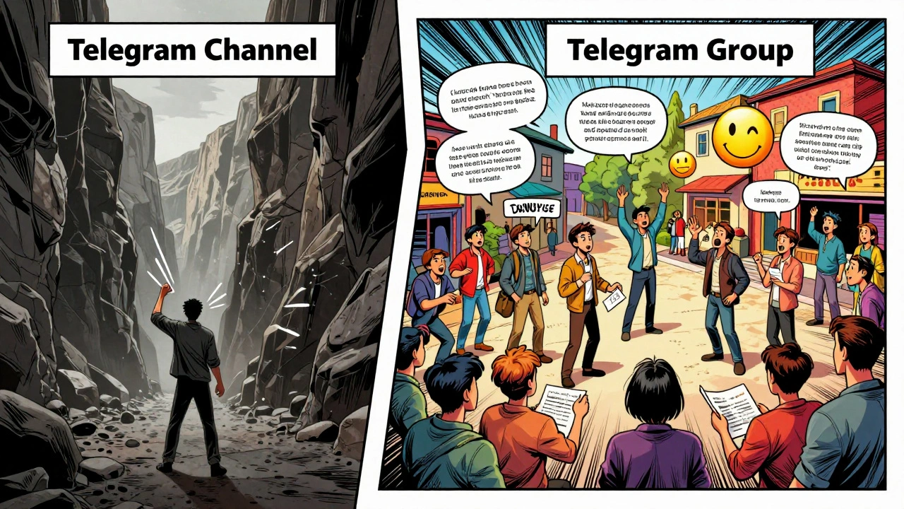Contrast between silent one-way news channel and lively two-way Telegram group with active conversations and shared facts.