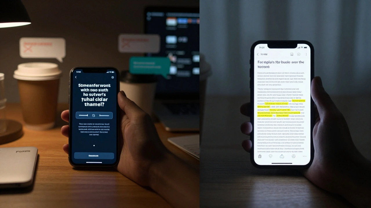 Contrasting scenes of a short promotional post at 9 AM versus a long analytical post at 8:30 PM on the same phone.