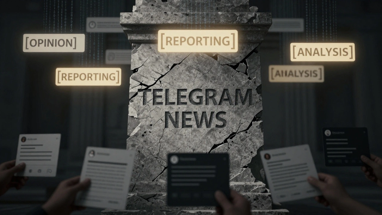 Crumbling 'TELEGRAM NEWS' pillar with AI-tagged labels glowing above shadowy shared posts.