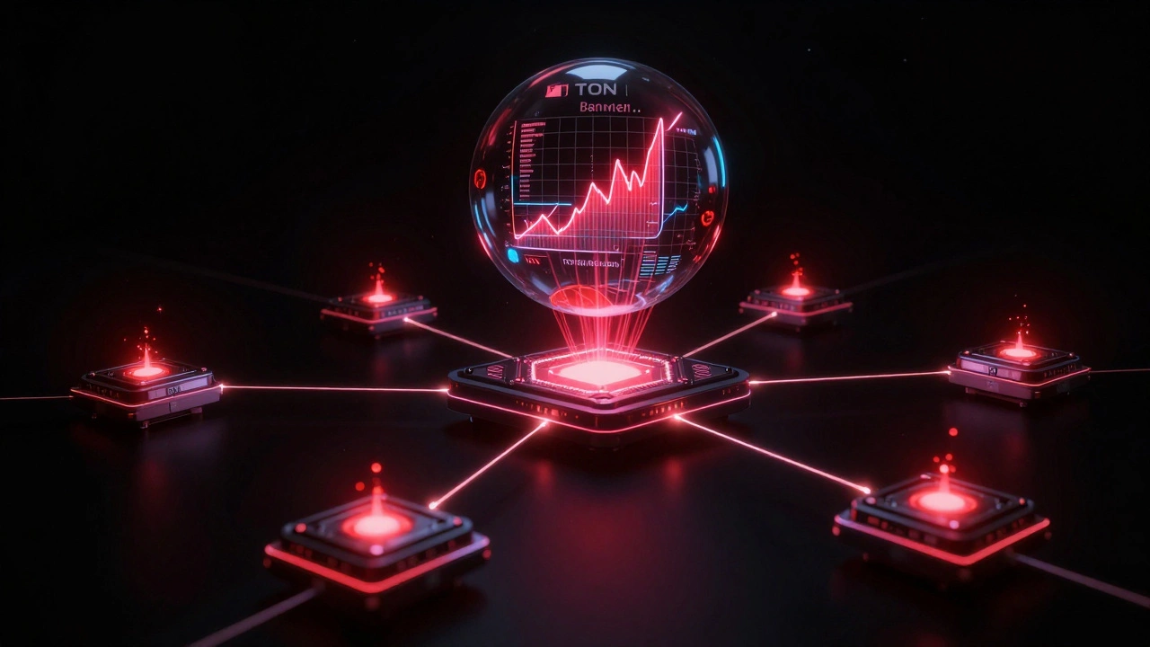 Decentralized GPU network with glowing nodes feeding biased data into a distorted AI summary bubble.