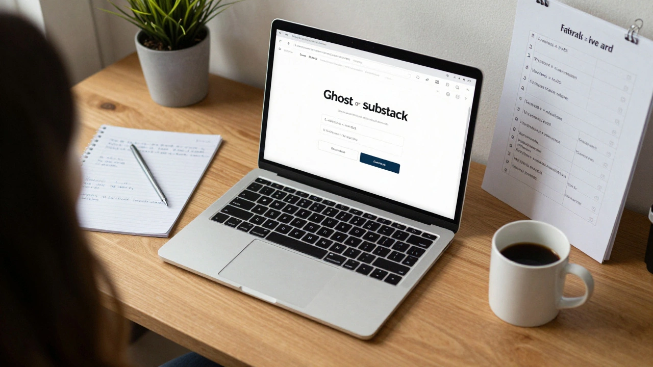 Desk with laptop showing invite dashboard, handwritten notes, coffee mug, and tiered reward chart for referrals.