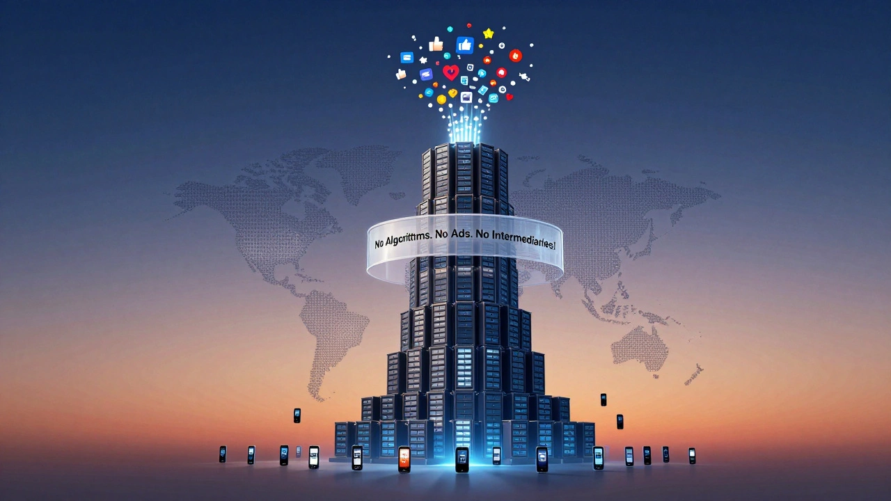 Digital architecture of global Telegram servers distributing news to anonymous users, protected by a shield labeled 'No Algorithms, No Ads'.