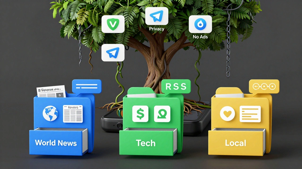 Digital art of a user organizing news channels into color-coded folders, with a tree of verified sources growing from a phone.