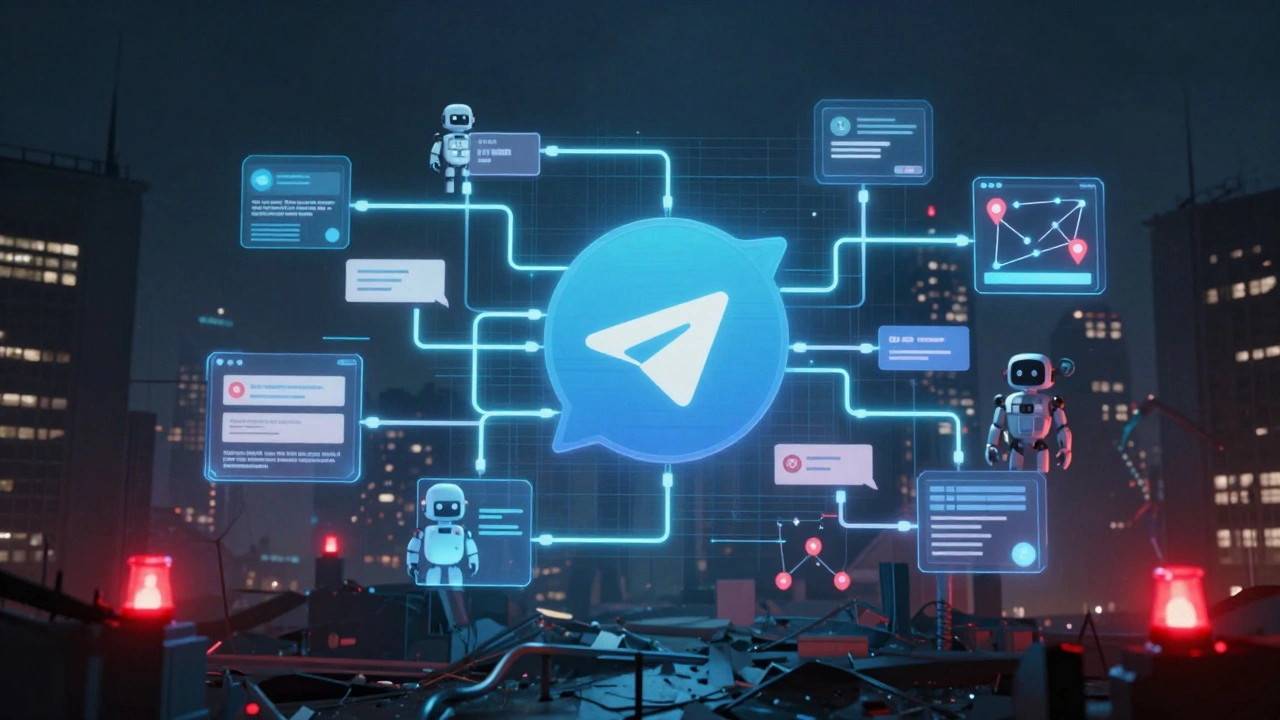Digital command center visualized as Telegram interfaces mapping real-time distress signals across a city.