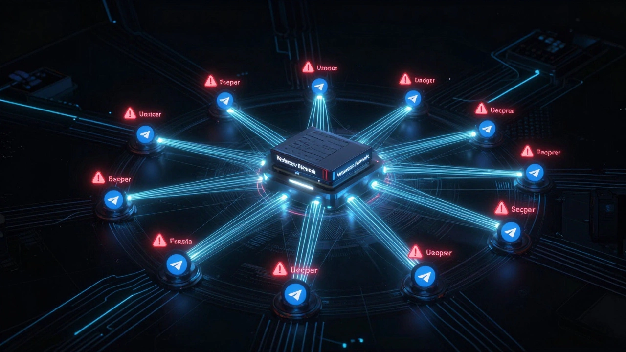 Digital network map showing Telegram's unencrypted data flows to centralized servers with isolated encrypted threads.
