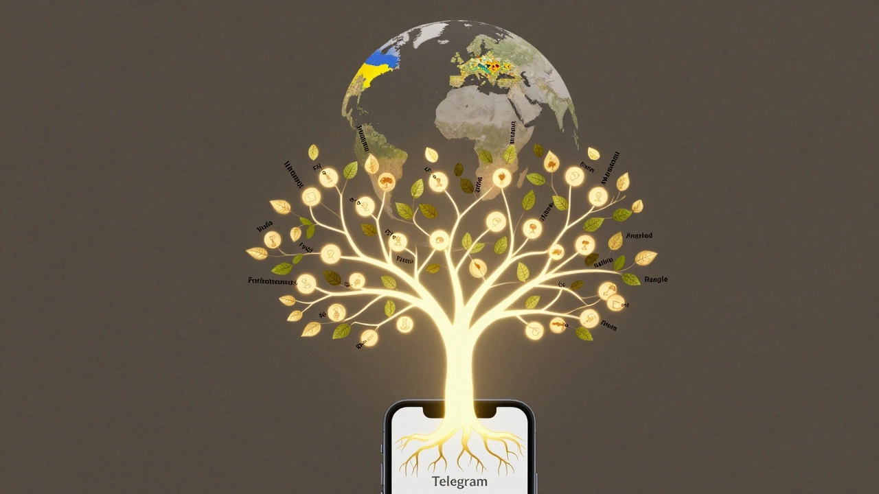 Digital tree with voting options as leaves, roots connected to a Telegram smartphone, global vote clusters above.