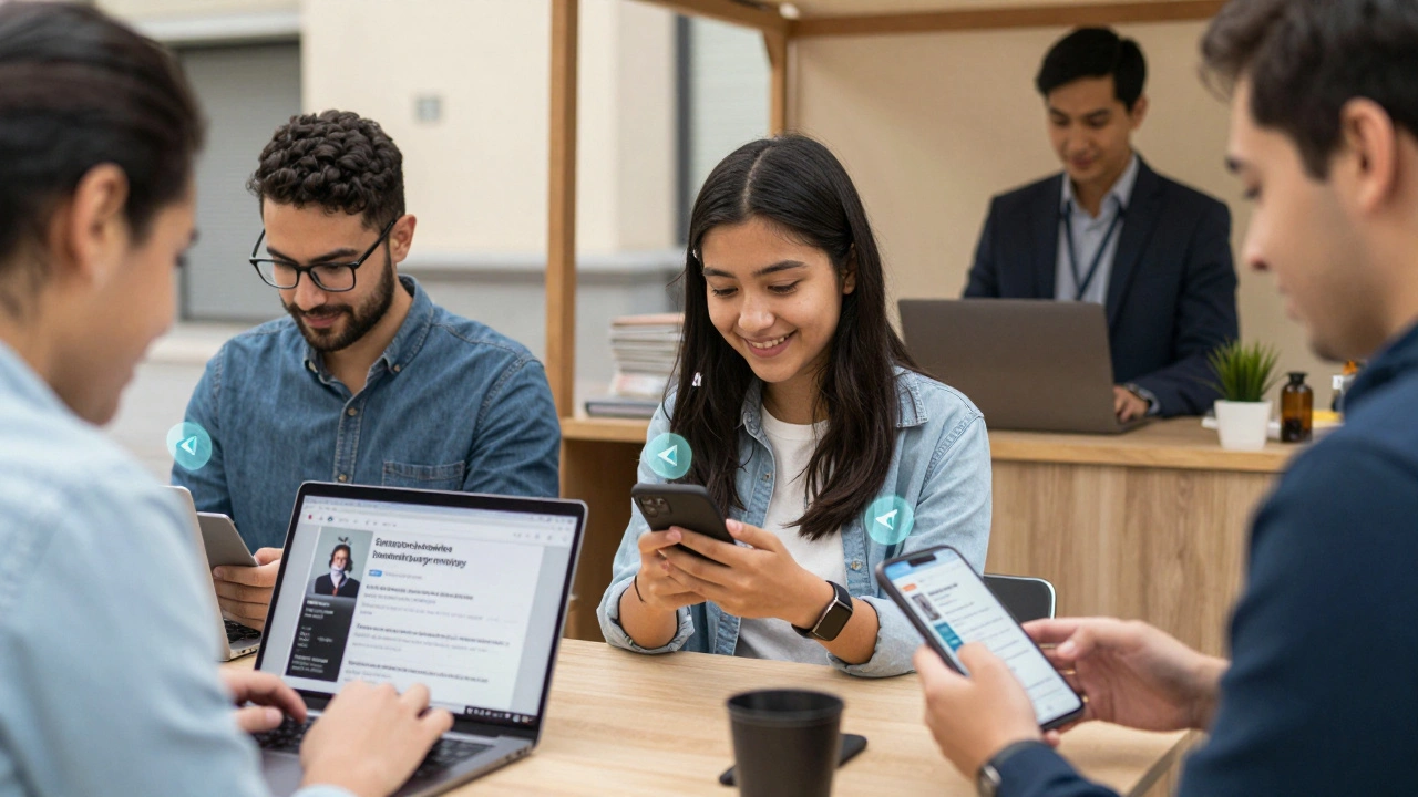 Diverse people reading Telegram news summaries on devices in everyday settings around the world.