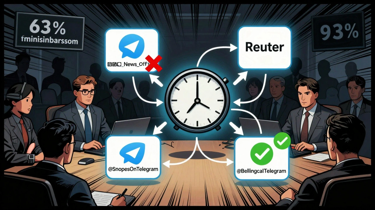 Fact-checker surrounded by verified and fake Telegram channels in a digital war room with a timeline.
