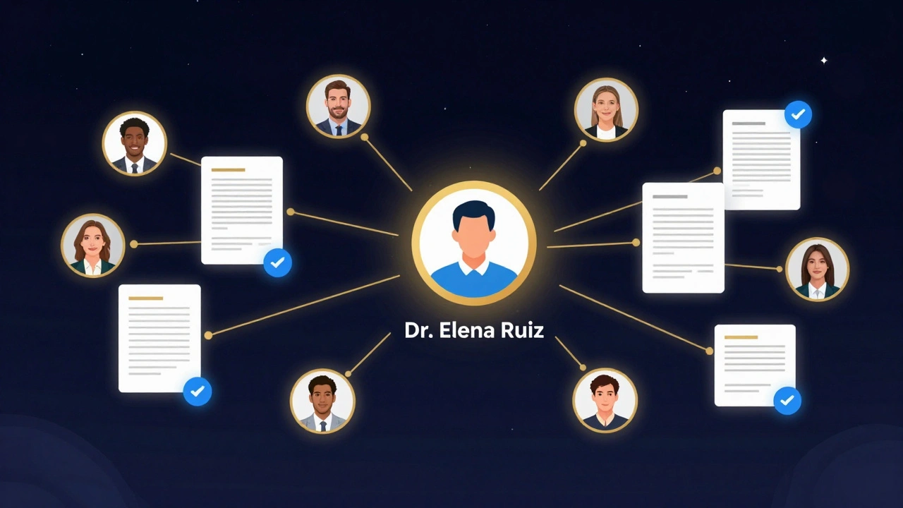 Floating credentials and badges around a verified expert's profile in a digital community space.