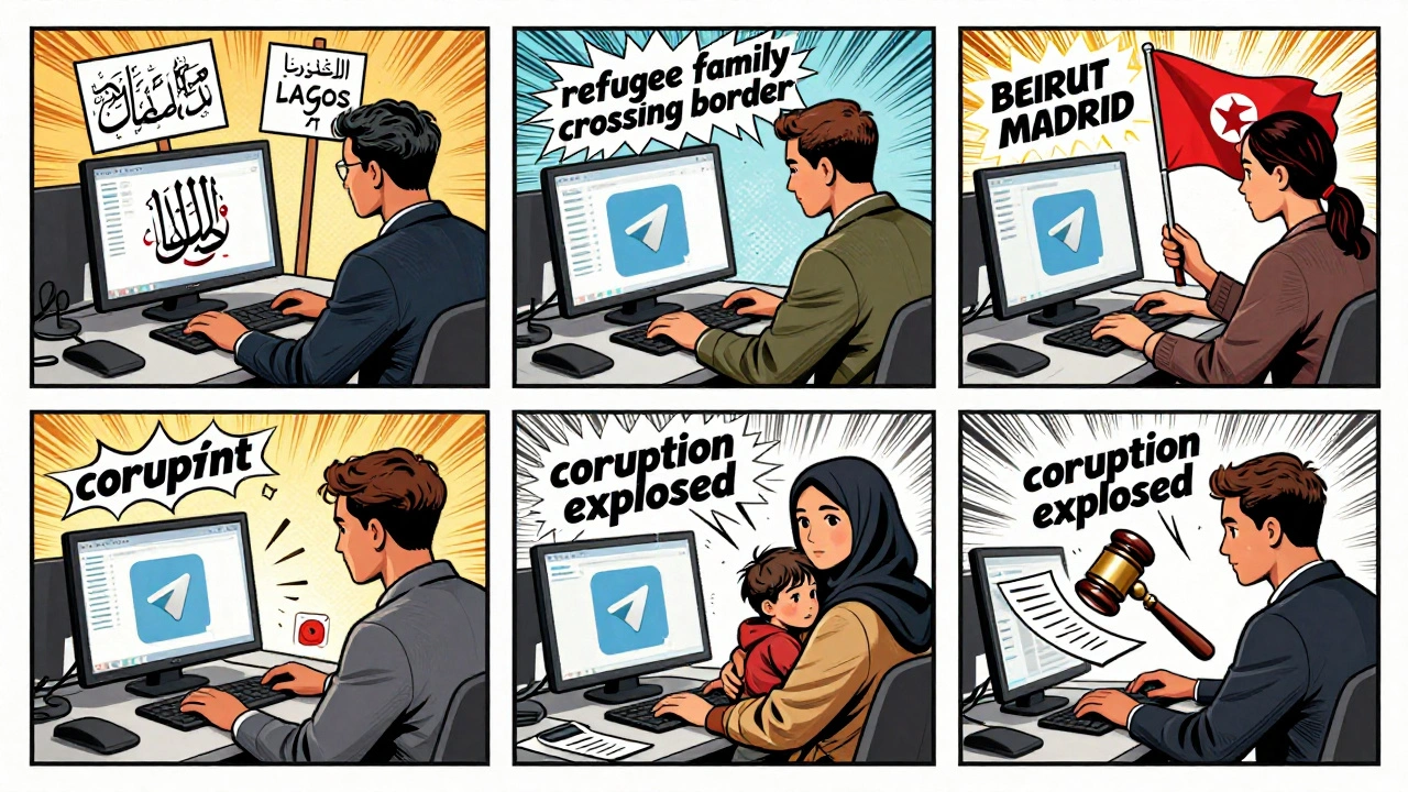 Four journalists across the world using Telegram's AI sticker search with culturally accurate protest and emotion stickers.