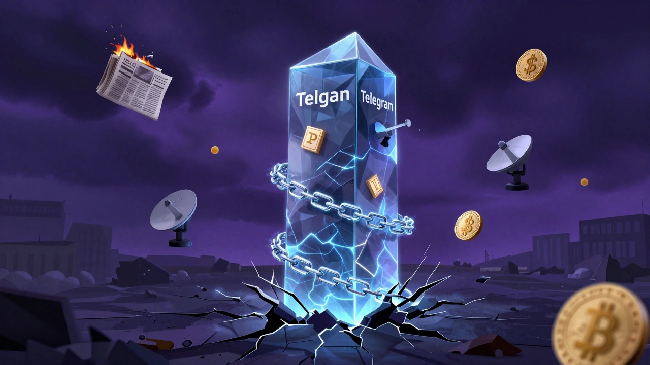 Fragile Telegram tower surrounded by censorship symbols and crypto tokens, representing its financial and political vulnerability.