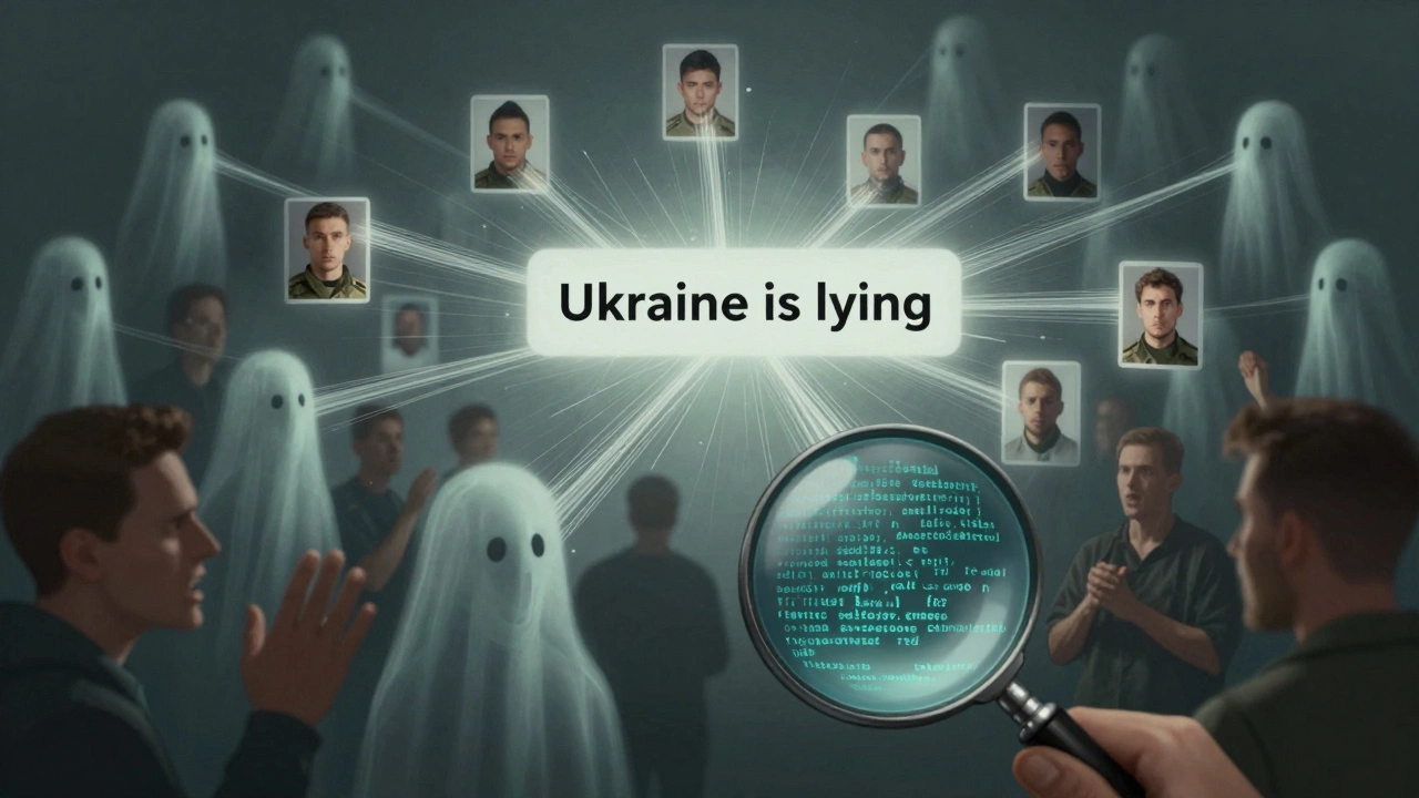 Ghostly bot avatars with stolen photos forming a vortex of disinformation, while real users react below.