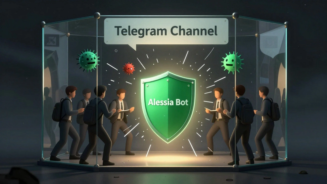 Glass barrier protecting journalists from cyber threats, held firm by a glowing Alessia Bot shield.