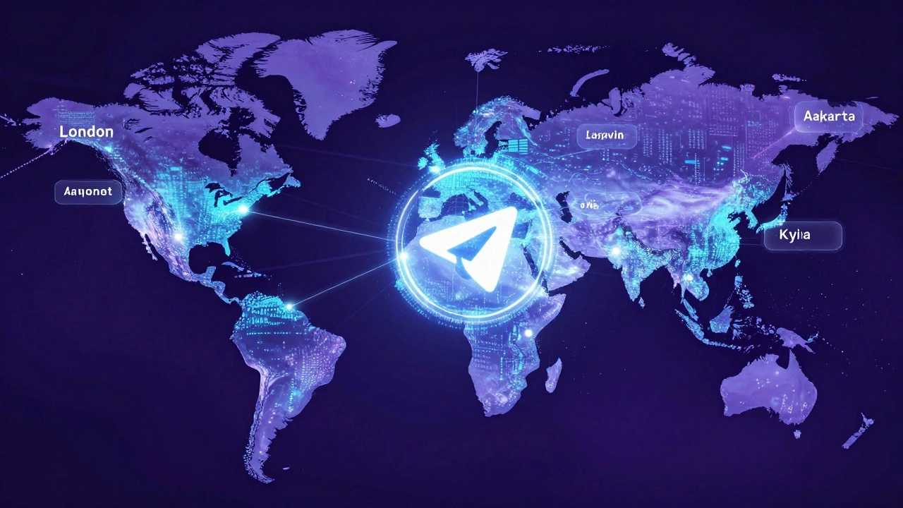 Global map with glowing connections between cities and floating AI summaries in multiple languages.