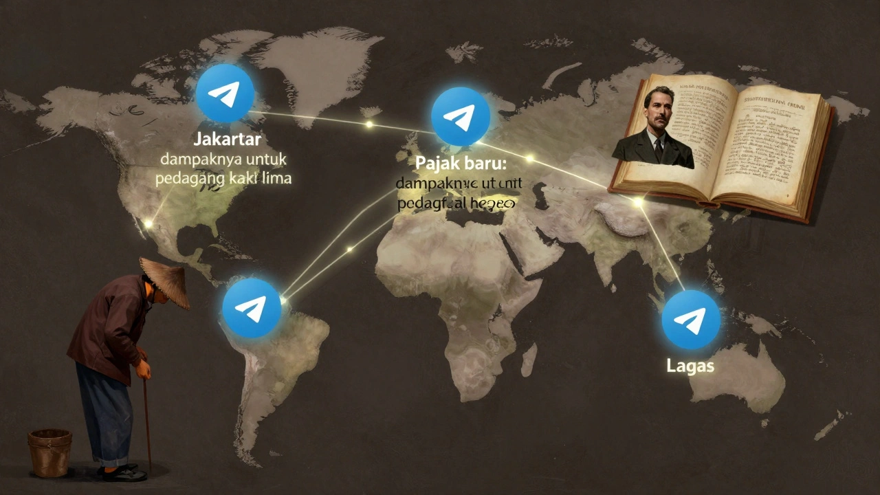 Global map with glowing Telegram links showing culturally adapted headlines in Jakarta, Moscow, and Lagos.