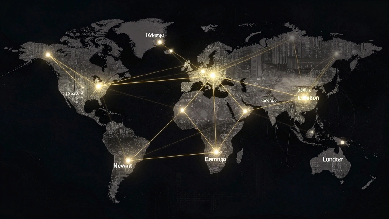 Global network of cities connected by timed light pulses representing optimal news posting hours.