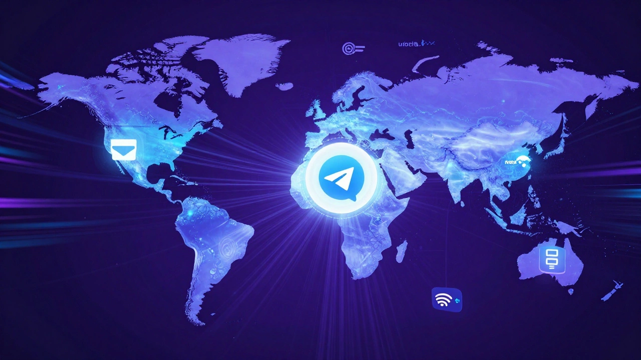 Global network of data streams connecting Telegram servers to devices, with AI and bot icons floating nearby.