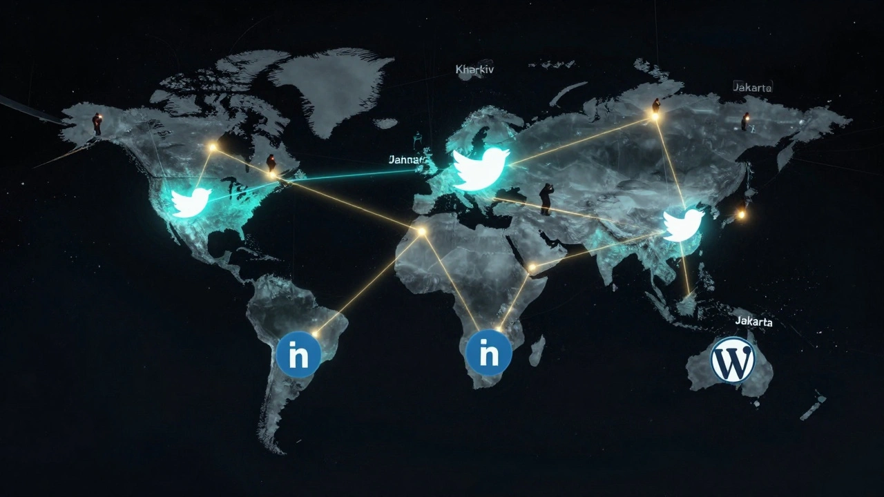 Global network of light trails linking Telegram reports to social media platforms, symbolizing impact.